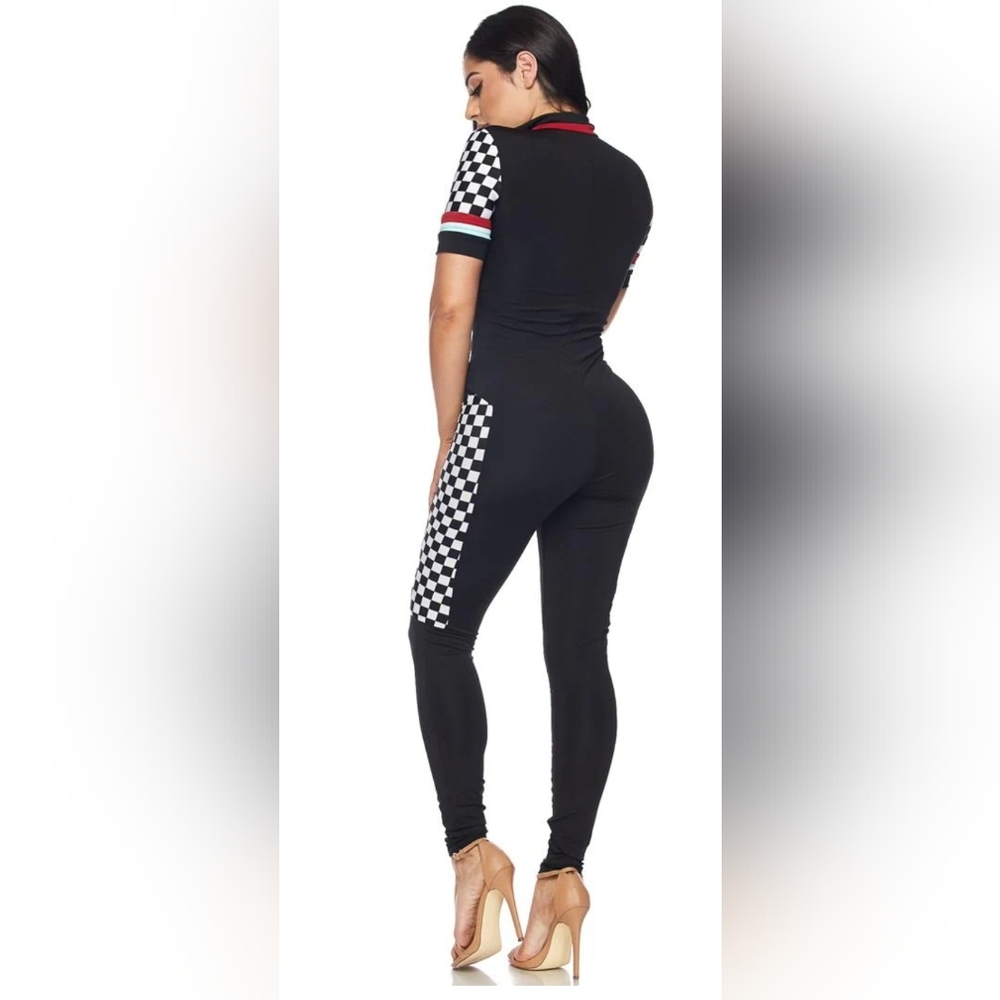 NWOT ... Short Sleeve Checkered Racing Jumpsuit - Black - Picture 6 of 10
